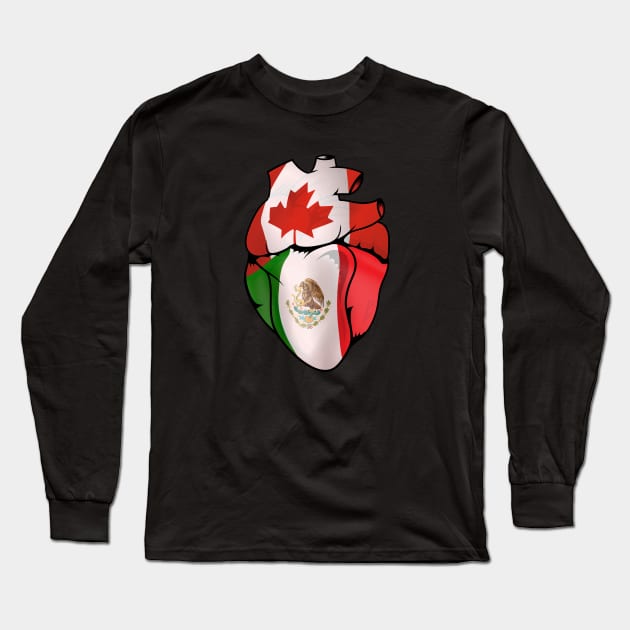 Mexican Canadian Split Anatomical Heart With Flags - Mexico-Canada Long Sleeve T-Shirt by Biped Stuff